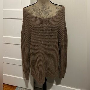 Free People Ribbed Textured Brown Scoop Neck Off the Shoulder Relaxed Sweater